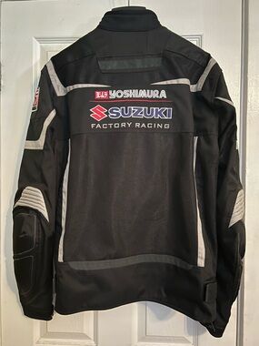 Suzuki Factory Racing Men’s Black Motorcycle Jacket with inner lining.